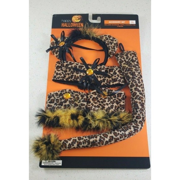 Halloween Cat Accessories Cheetah Leopard Cosplay Headband Choker Tail Cuffs NEW - Picture 1 of 7